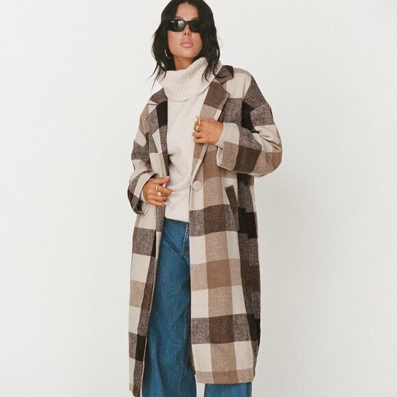 Princess Polly Penelope Coat in Beige Check NWT Size M/L - Picture 15 of 16